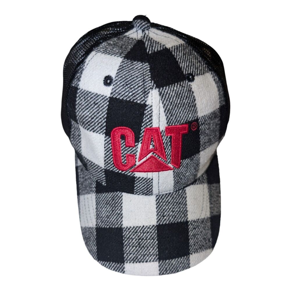 Caterpillar CAT Men's Black White Plaid Buffalo Check Trucker Hat Cap Adjustable